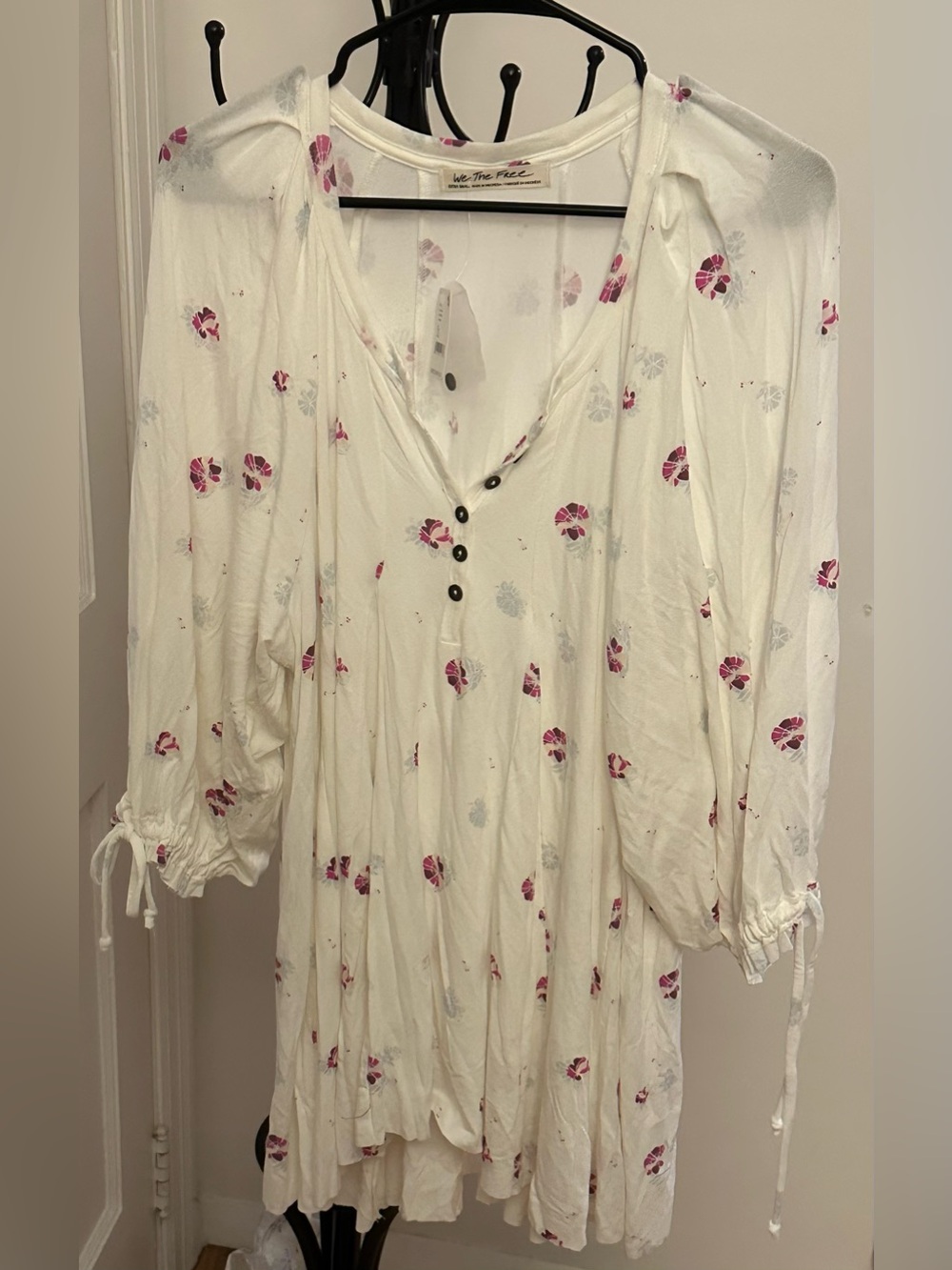 Free People Cream Tunic with Pink Floral Print Size Xtra Small
